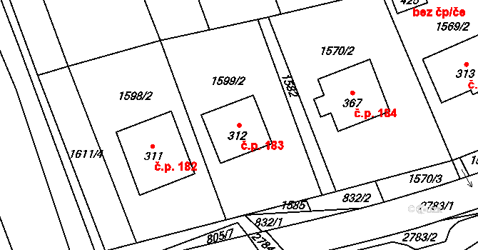 Sehradice 183 na parcele st. 312 v KÚ Sehradice, Katastrální mapa