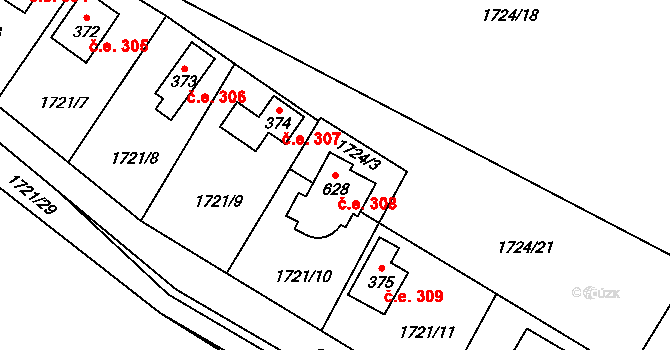 Sedlice 308 na parcele st. 628 v KÚ Sedlice u Blatné, Katastrální mapa