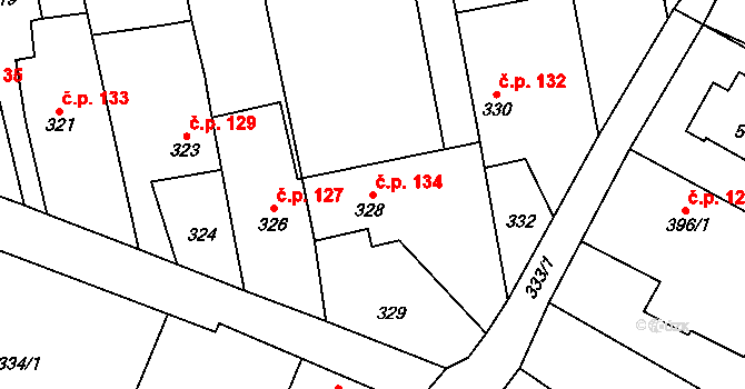 Chlebičov 134 na parcele st. 328 v KÚ Chlebičov, Katastrální mapa