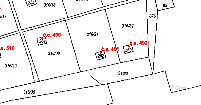 Martiněves 491, Jílové na parcele st. 262 v KÚ Martiněves u Děčína, Katastrální mapa