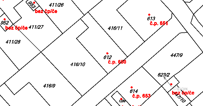 Lom 650 na parcele st. 612 v KÚ Lom u Mostu, Katastrální mapa