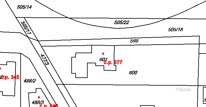 Průhonice 377 na parcele st. 601 v KÚ Průhonice, Katastrální mapa