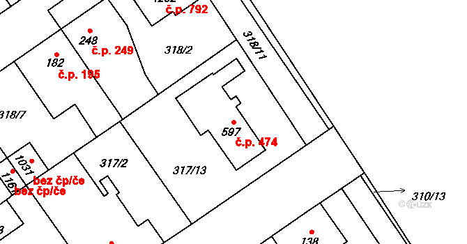 Studánka 474, Pardubice na parcele st. 597 v KÚ Studánka, Katastrální mapa
