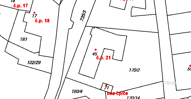 Ochoz u Tišnova 21 na parcele st. 45 v KÚ Ochoz u Tišnova, Katastrální mapa