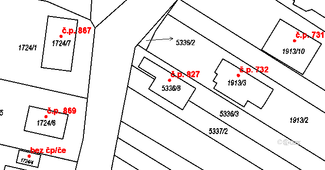 Střelice 827 na parcele st. 5336/8 v KÚ Střelice u Brna, Katastrální mapa