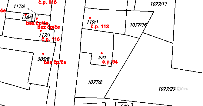Lhenice 94 na parcele st. 221 v KÚ Lhenice, Katastrální mapa