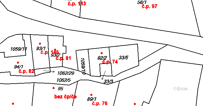 Herálec 74 na parcele st. 92/2 v KÚ Herálec, Katastrální mapa