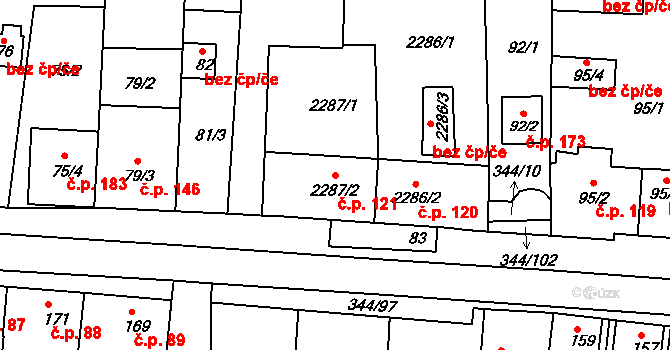 Milovice 121 na parcele st. 2287/2 v KÚ Milovice u Mikulova, Katastrální mapa