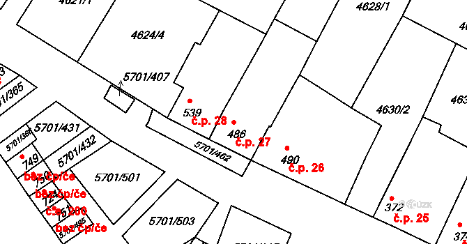 Hrádek 27 na parcele st. 486 v KÚ Hrádek u Znojma, Katastrální mapa