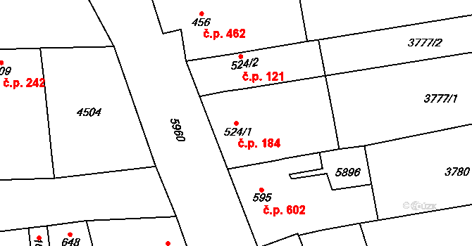 Hrušovany nad Jevišovkou 184 na parcele st. 524/1 v KÚ Hrušovany nad Jevišovkou, Katastrální mapa