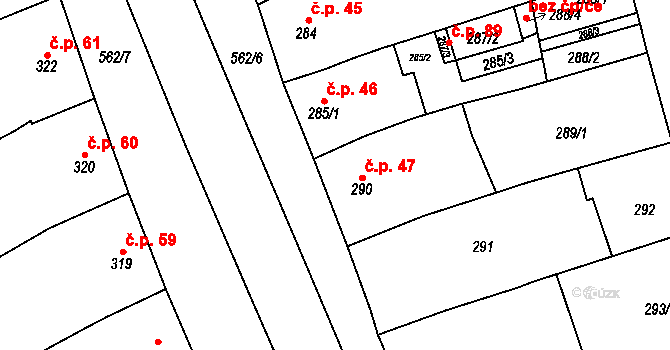 Uhřičice 47 na parcele st. 290 v KÚ Uhřičice, Katastrální mapa