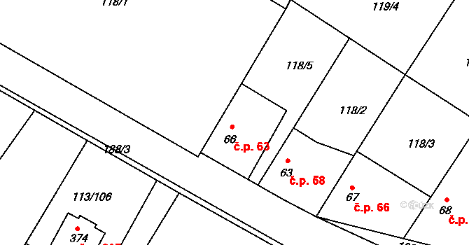 Písty 63 na parcele st. 66 v KÚ Písty u Nymburka, Katastrální mapa