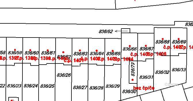 Slavkov u Brna 1403 na parcele st. 836/64 v KÚ Slavkov u Brna, Katastrální mapa