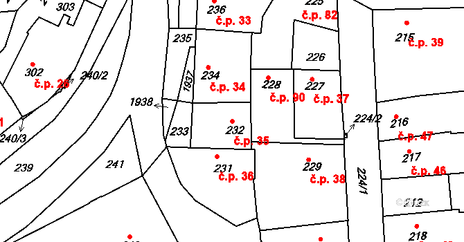 Švermov 35, Kladno na parcele st. 232 v KÚ Motyčín, Katastrální mapa