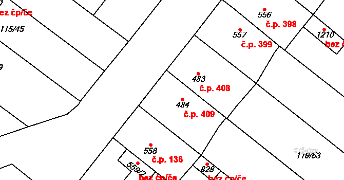 Košťany 409 na parcele st. 484 v KÚ Košťany, Katastrální mapa