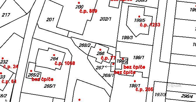 Kosmonosy 77 na parcele st. 266 v KÚ Kosmonosy, Katastrální mapa