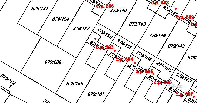 Kosmonosy 693 na parcele st. 879/157 v KÚ Kosmonosy, Katastrální mapa