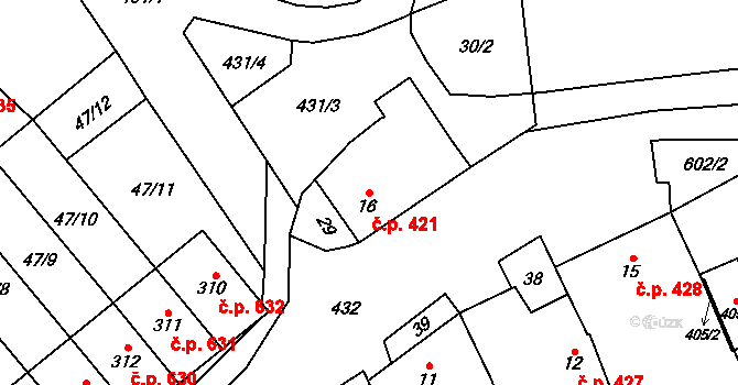 Bohuňovice 421 na parcele st. 16 v KÚ Moravská Loděnice, Katastrální mapa