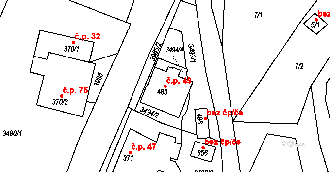 Třebařov 49 na parcele st. 485 v KÚ Třebařov, Katastrální mapa