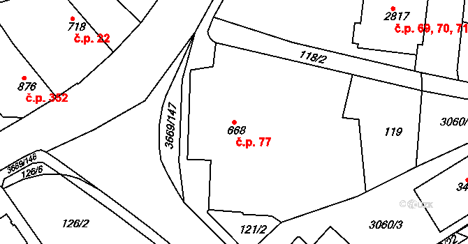 Žichlínské Předměstí 77, Lanškroun na parcele st. 668 v KÚ Lanškroun, Katastrální mapa