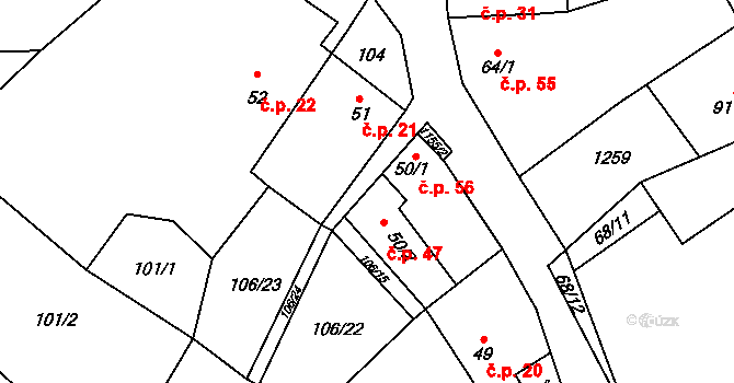 Jezdovice 47 na parcele st. 50/2 v KÚ Jezdovice, Katastrální mapa