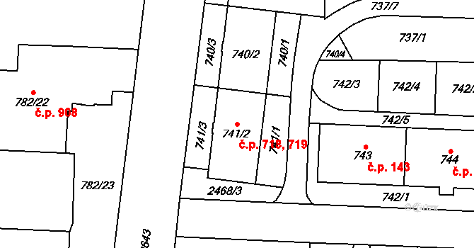Hloubětín 718,719, Praha na parcele st. 741/2 v KÚ Hloubětín, Katastrální mapa