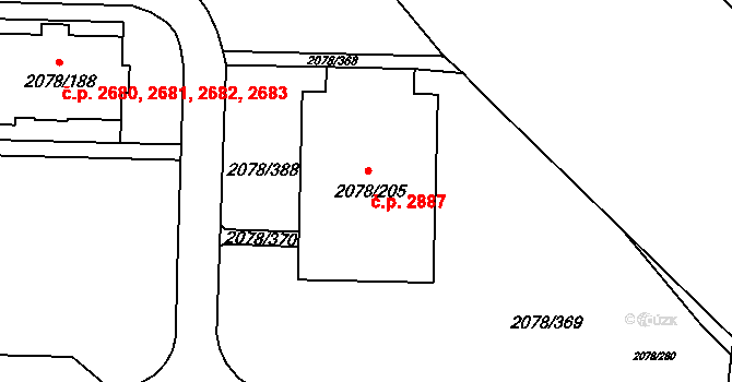 Záběhlice 2887, Praha na parcele st. 2078/205 v KÚ Záběhlice, Katastrální mapa