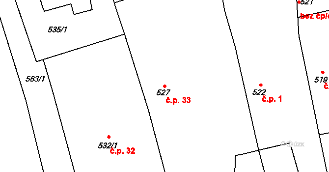 Lhota u Příbramě 33 na parcele st. 527 v KÚ Lhota u Příbramě, Katastrální mapa