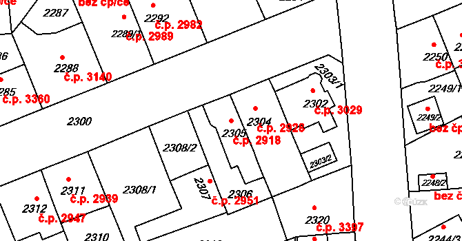 Chomutov 2918 na parcele st. 2305 v KÚ Chomutov II, Katastrální mapa