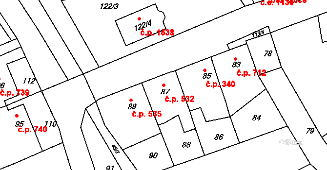 Kuřim 532 na parcele st. 87 v KÚ Kuřim, Katastrální mapa