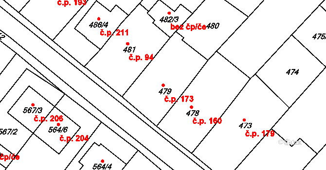 Královopolské Vážany 173, Rousínov na parcele st. 479 v KÚ Královopolské Vážany, Katastrální mapa