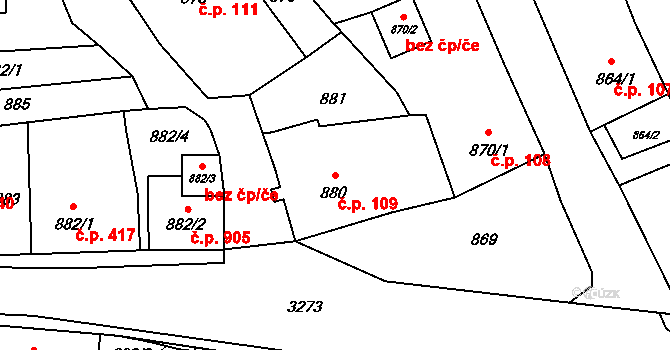 Doksy 109 na parcele st. 880 v KÚ Doksy u Máchova jezera, Katastrální mapa