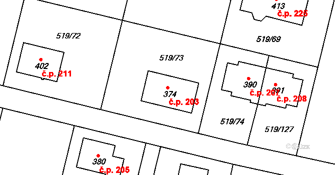 Horoušánky 203, Horoušany na parcele st. 374 v KÚ Horoušany, Katastrální mapa