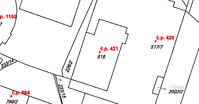 Pacov 421 na parcele st. 518 v KÚ Pacov, Katastrální mapa