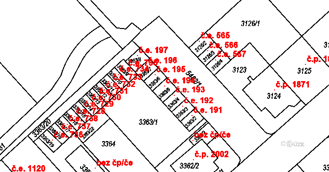 Znojmo 194 na parcele st. 3363/5 v KÚ Znojmo-město, Katastrální mapa