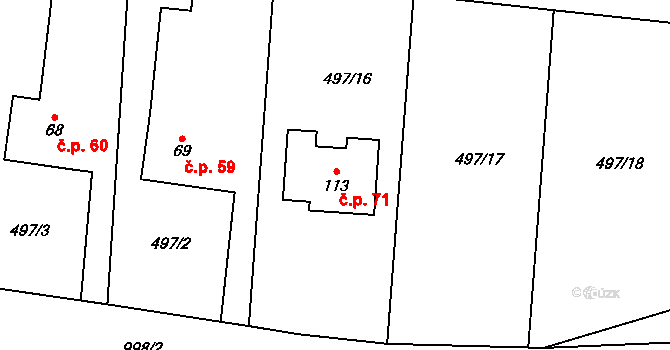 Kuřimské Jestřabí 71 na parcele st. 113 v KÚ Kuřimské Jestřabí, Katastrální mapa