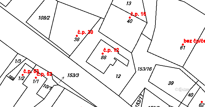 Barchůvek 12, Měník na parcele st. 88 v KÚ Barchůvek, Katastrální mapa