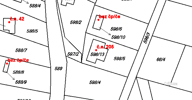 Jaroslavice 205, Zlín na parcele st. 598/13 v KÚ Jaroslavice u Zlína, Katastrální mapa