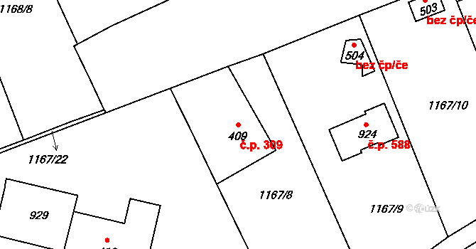 Kudlov 309, Zlín na parcele st. 409 v KÚ Kudlov, Katastrální mapa