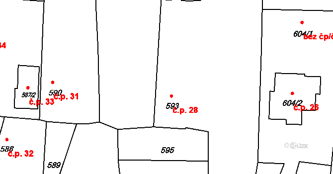 Oldřišov 28 na parcele st. 593 v KÚ Oldřišov, Katastrální mapa