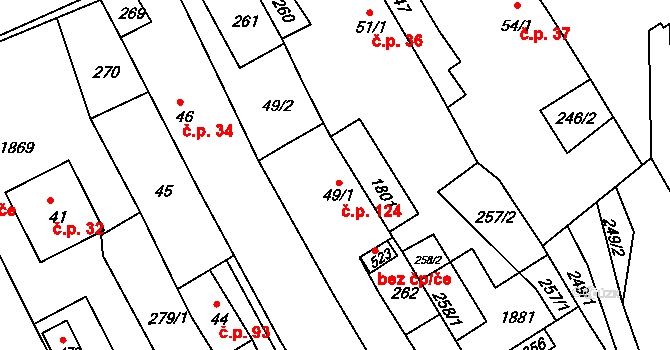 Hrabyně 124 na parcele st. 49/1 v KÚ Hrabyně, Katastrální mapa