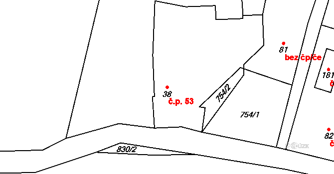 Slavice 53, Licibořice na parcele st. 38 v KÚ Licibořice, Katastrální mapa