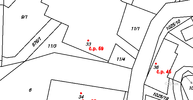 Prosetín 59 na parcele st. 33 v KÚ Prosetín u Hlinska, Katastrální mapa