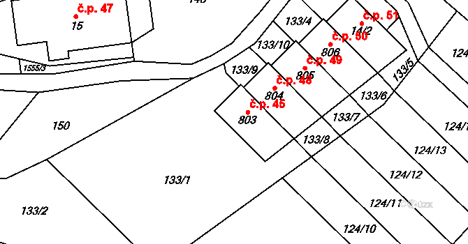 Hanušovice 45 na parcele st. 803 v KÚ Hanušovice, Katastrální mapa