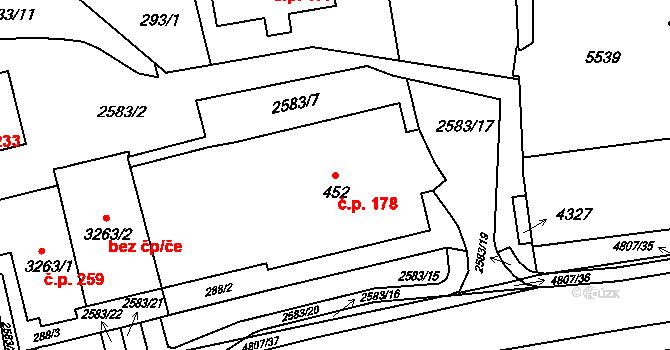 Hořejší Předměstí 178, Domažlice na parcele st. 452 v KÚ Domažlice, Katastrální mapa