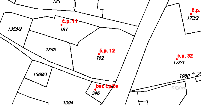 Pec 12 na parcele st. 182 v KÚ Pec, Katastrální mapa