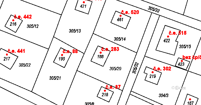 Pňovany 283 na parcele st. 188 v KÚ Dolany u Stříbra, Katastrální mapa