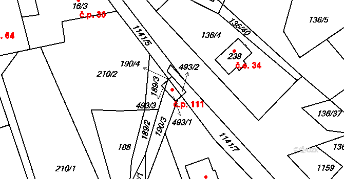 Lidmaň 111 na parcele st. 493/1 v KÚ Lidmaň, Katastrální mapa