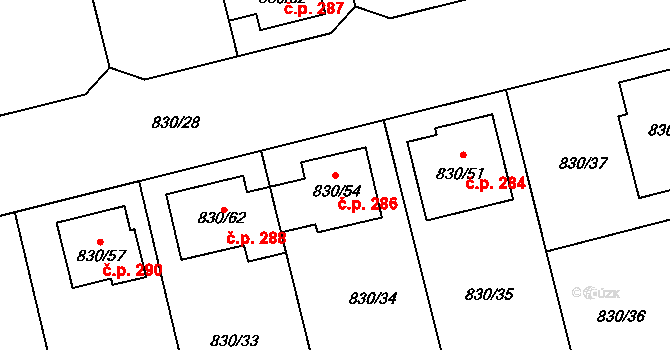 Pivín 286 na parcele st. 830/54 v KÚ Pivín, Katastrální mapa
