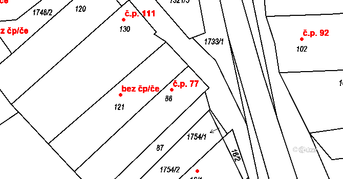Soběchleby 77, Blšany na parcele st. 88 v KÚ Soběchleby u Podbořan, Katastrální mapa